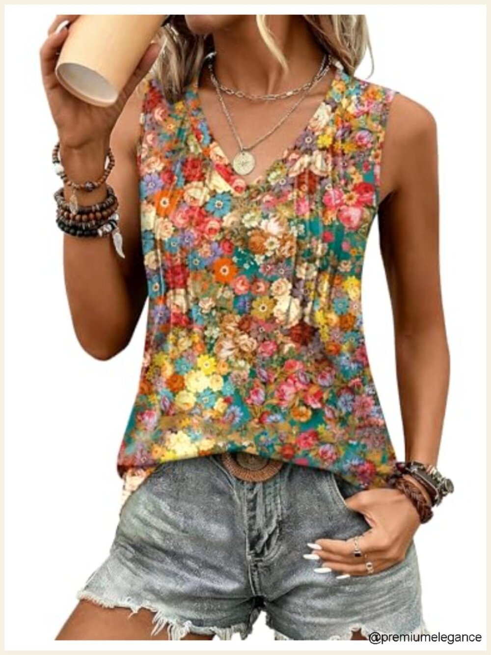 Women's Loose Fit V-Neck Tank Top Floral Sleeveless Summer Tunic Tops